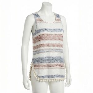 Cato Small Knit Tank Top Blue Striped Pom Pom Tassel Hem Boho Sleeveless Shirt